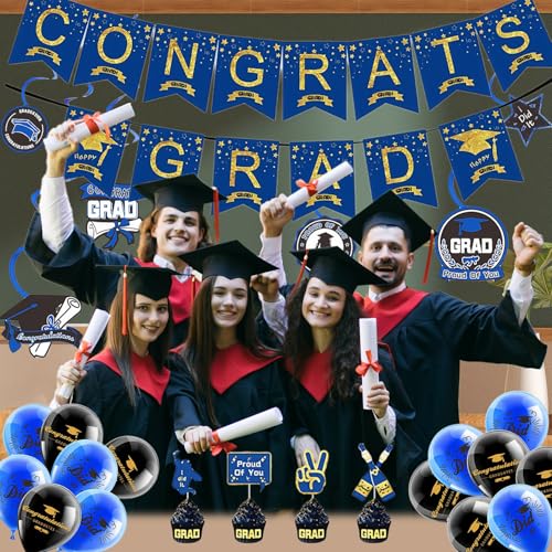 Image of Graduation Decorations 2025 Blue and Gold Class of 2025 Congrats Grad Backdrop Banner for Graduation Party