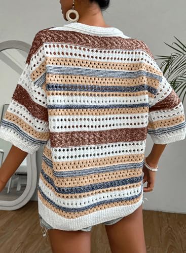 Image of Acelitt Crochet Tops for Women Summer Short Sleeve Sweater | Boho Striped Knit Top, 3 /4 Sleeve, Hollow Out Oversized Sweaters, Lightweight Blouses, Spring Fall Outfits for Beach Vacation
