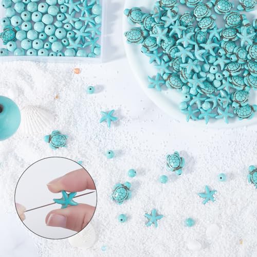 SUNNYCLUE 1 Box 200Pcs Sea Turtle Beads Starfish Bead Charms Boho Style Sea Animal Beads 8mm 6mm Round Turquoise Spacer Bulk Blue Ocean Turtles Tortoise Bead for Jewellery Making Beading Kits - Image 3