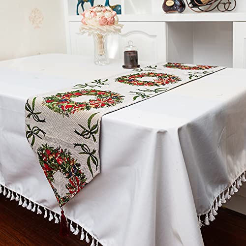 Christmas Table Runner, Christmas Flower Tablecloth Mats Kitchen Dining Table Burlap Linen for Indoor Outdoor Home Party Decor, 13 x 71 Inch