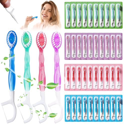 Demlaka Lot de 40 mini brosses à dents à emporter : brosse à dents jetable avec dentifrice, brosse à dents manuelle au goût fruité et fil dentaire...