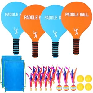 Beach Paddle Ball Set – Funny Paddleball Rackets Game, Outdoor Sports Toys for Kids Adults Family Games Beach Yard Lawn Party Supplies(4 Paddles, 13 Birdies, 4 Balls, 2 Drawstring Bags)
