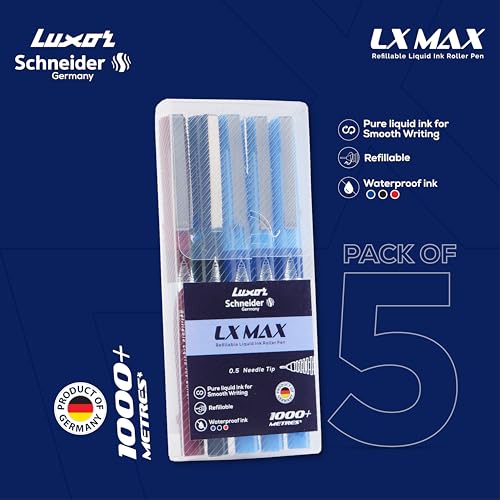 Image of Luxor Schneider, LX MAX roller ball pen, Pack of 5-3 Blue + 1 Black + 1 Red, Needle Tip, 0.5mm, 100% German Technology, 1000+ mtrs writing length, Waterproof Ink, Ideal for Students & Professionals