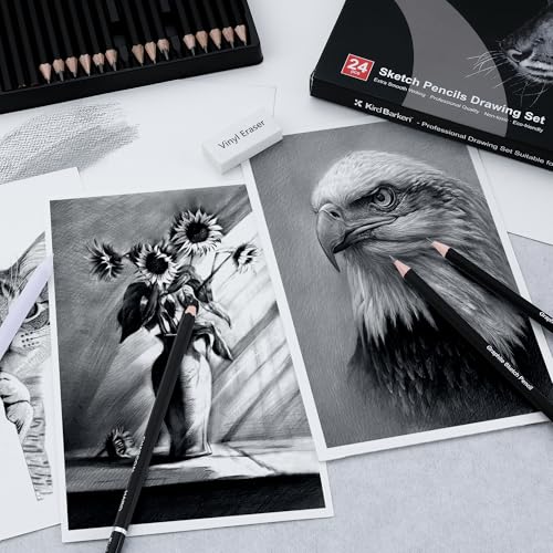 Kird Barken 24PCS Professional Sketch Pencil Set – 5H to 14B Pencils, Charcoal Pencils, Art Supplies Kit with Erasers, Sharpener, Knife – Ideal Gift for Artists, Students, Kids, Beginners by Kird Barken - Image 6