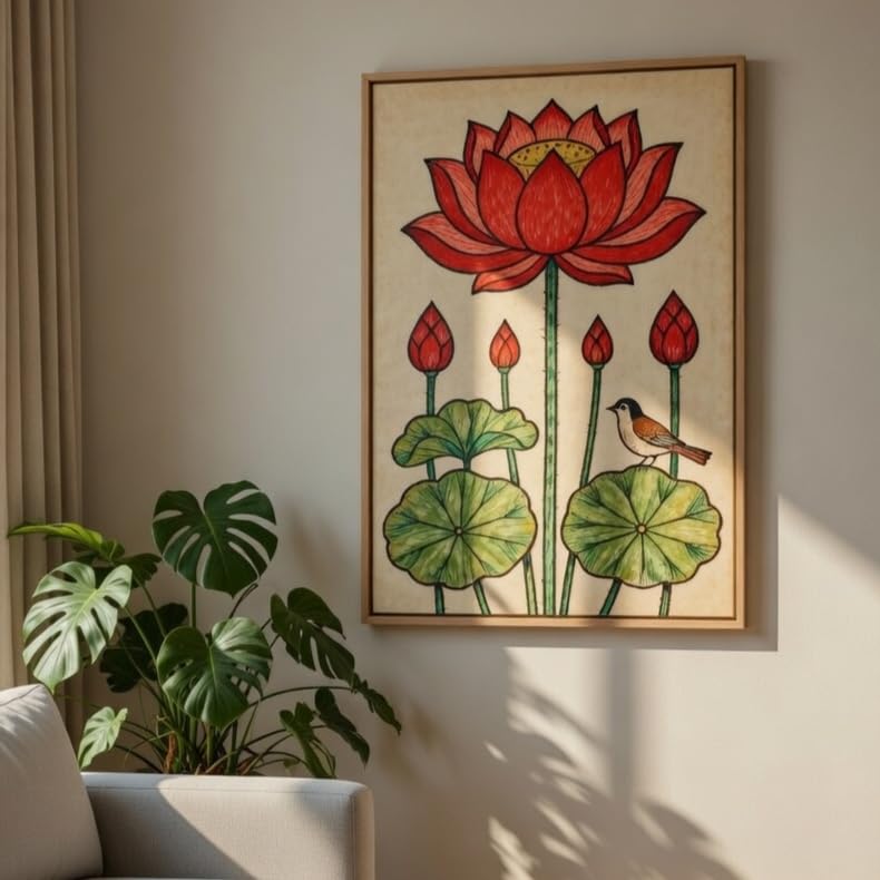 Image of Livin'luxe Traditional Lotus Flower Wall Painting with Wooden Frame | Botanical Lotus Artwork HD UV Laminated MDF Wall Decor | Indian Lotus Art Wall Decor for Living Room Bedroom Home