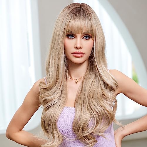 EMMOR Ombre Blonde Wavy Wigs for Women Highlight Color Wigs with Bangs Long Curly Heat Resistant Fiber Synthetic Wig Natural looking for Daily Use - Image 2