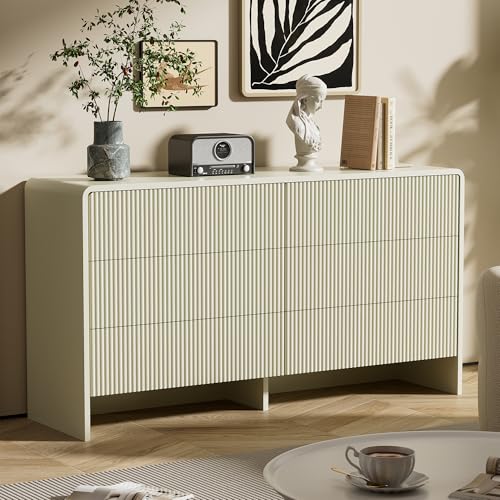 Image of Furniway 55 inch Wide Modern Dresser for Bedroom, 6 Drawer Chest of Drawers with Curved Design, Push-to-Open Storage Dresser, Beige