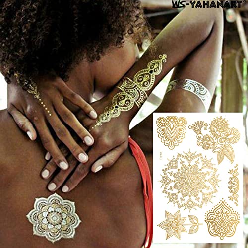 Henna Tattoos, Henna Temporary Tattoos Gold Flower Lace Waterproof Tattoo stickers for Women Wedding Party Festivals, & Parties Decoration Suppliers 6Sheets…