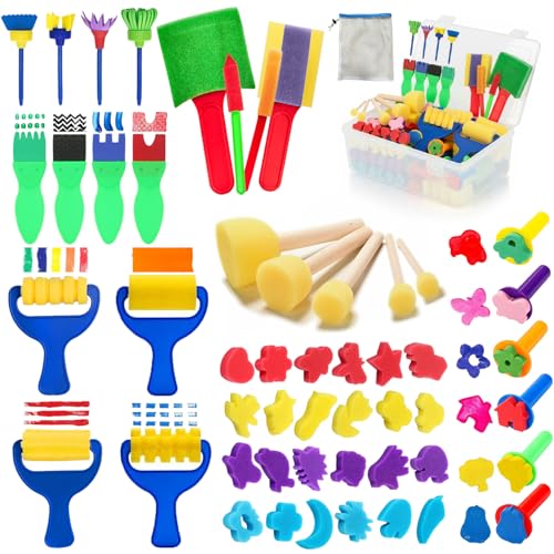 53-Pack Sponge Paint Brushes, Washable Painting Brushes, Toddler Painting Set, Early Learning Foam Roller Sponge Art Crafts Kit with Storage Bag,...