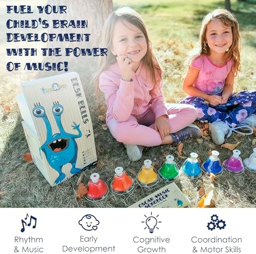 MINIARTIS Desk Bells Set for Kids | 8 Notes Diatonic Colorful Metal Hand Bells | Kids Musical Instruments | Music Songbook & Carry Case Included | Great Holiday Birthday Gift for Children 2