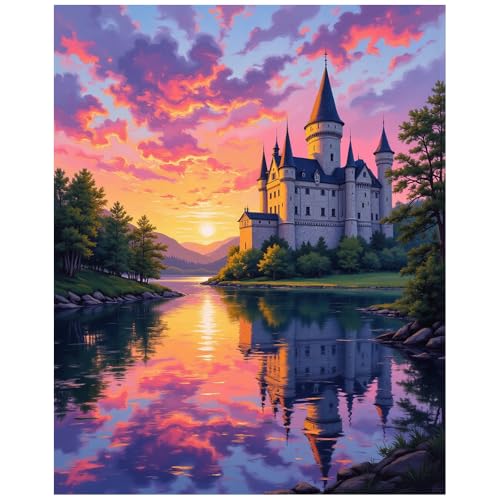 EnLvYY Castle at Sunset Paint by Numbers Kit for Adults, DIY Acrylic Painting on Canvas 16x20 Inch, Scenic Landscape with Reflections and Mountains, Unframed, Gift for Fantasy and Architecture Lovers