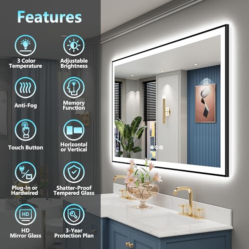 Image of 55x30 Black Framed LED Bathroom Mirror with Lights, Backlit and Front Lit Anti-Fog Lighted Vanity Mirrors for Bathroom Wall, Dimmable, 3-Color Light, Memory, Shatter-Proof, HD Tempered Glass
