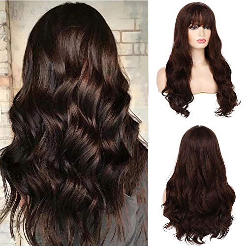 Kaneles Long Wavy Dark Brown Wigs for Women with Bangs Medium Length Synthetic Wig Heat Resistant Natural Looking Wig For Daily Party Use