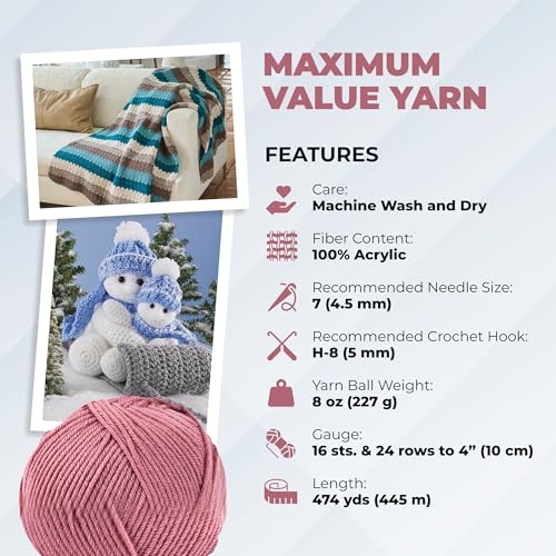 Image of Mary Maxim Maximum Value Acrylic Yarn for Crocheting and Knitting, Soft Worsted Weight Pink Yarn 4, Ideal for Blankets, Sweaters, Hats, and Scarves, 8 oz Skein (474 Yds), Medium Rose - 1 Skein