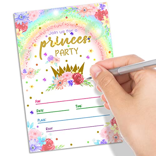 20Pcs Floral Princess Party Invitations With 20 Envelopes,Royal Queen Little Girl Birthday Invite, Kids Crown Gold Confetti Themed Bday Supply Idea, Tiara Watercolor Printed Or Fill In The Blank Card #TOP2