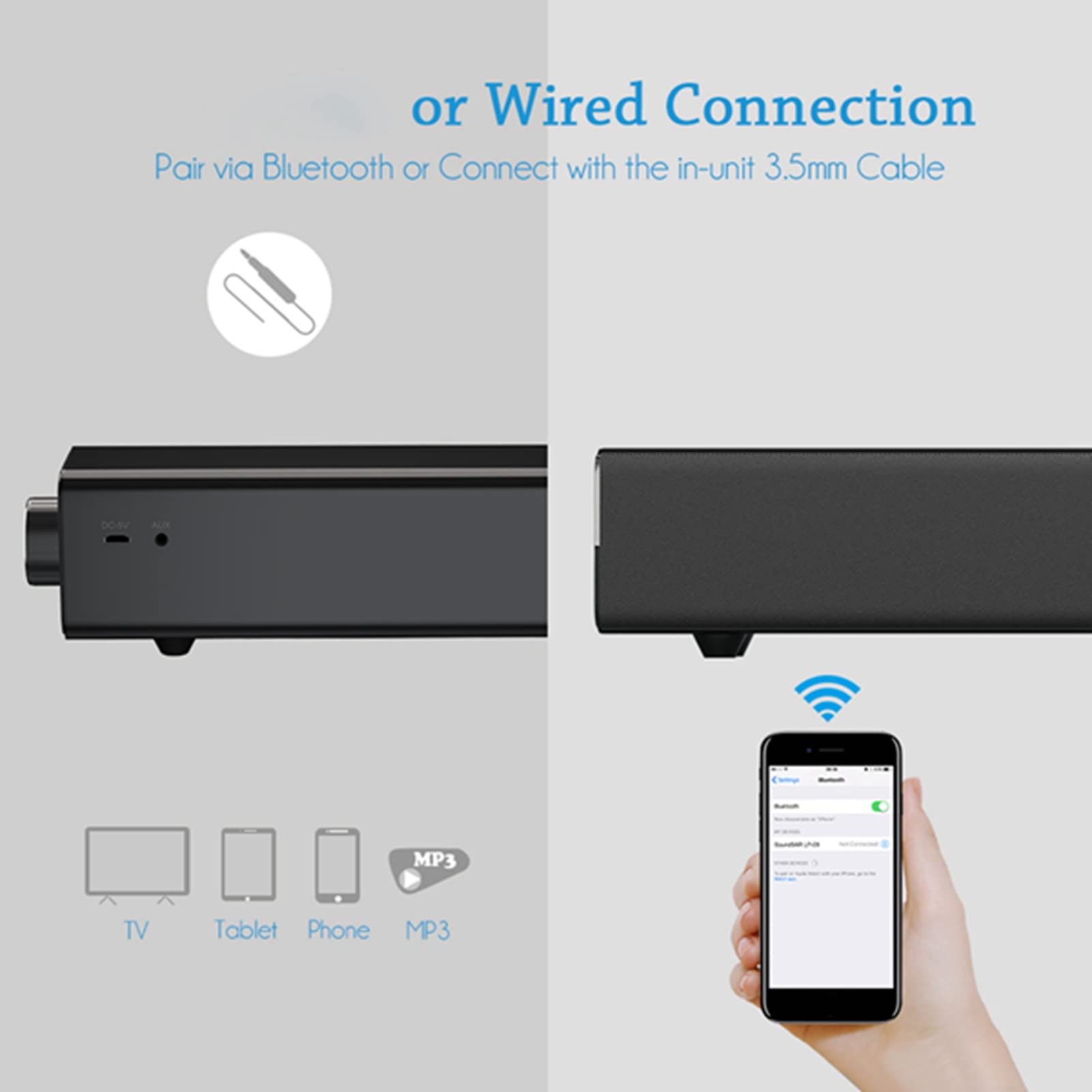 F&Y Soundbar Bluetooth con altoparlante ad alta fedeltà da 20 W, sistema audio TV cablato/wireless, suono surround migliorato per home theater, PC, esterni, con telecomando