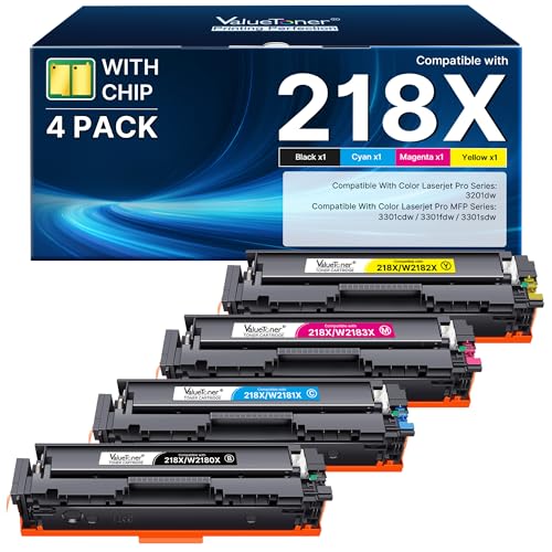 Image of 218X 218A Toner (with Chip) Compatible for HP 218X 218 Toner Cartridges 4 Pack for Hp Color LaserJet Pro MFP 3301fdw 3301sdw 3301cdw 3201dw Printer Ink Set W2180X (BCMY) | 218X 218 Toner