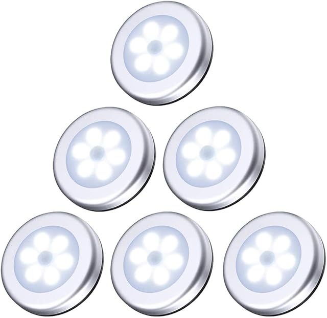 6 PackCriacr Motion Sensor Lights, 6 LED Battery Powered Cabinet Night Light, Closet Lights with Stick Pads and Magnet, for Wardrobe, Closet, Hallway, Kitchen, Stairs, Baby Room, Silver