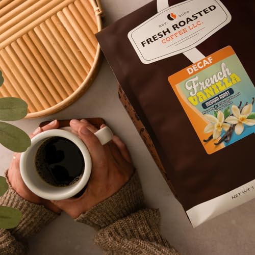 Image of Fresh Roasted Coffee, Decaf French Vanilla Flavored Drip Ground Coffee, Medium Roast, Kosher, 5 lb (80 oz)