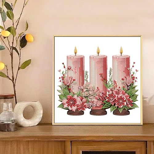 Image of 5D Special Shape Diamond Art Kit for Beginners, Christmas Diamond Art Painting Kits for Adults, Crystal Rhinestones Diamond Painting for Home Wall Christmas Decoration Gift 11.8x11.8 inch, Pink Candle