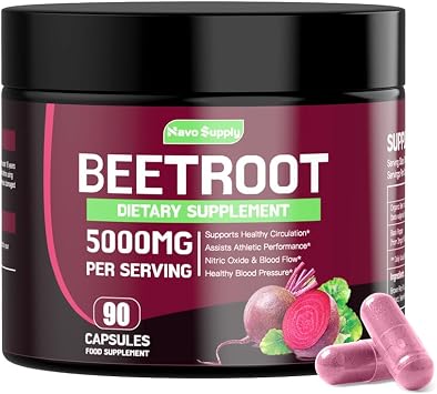 Beetroot Capsules 5000mg High Strength Formula, 90 Vegan Capsules | Natural Nitric Oxide Booster, Enriched with Black Pepper for Enhanced Absorption