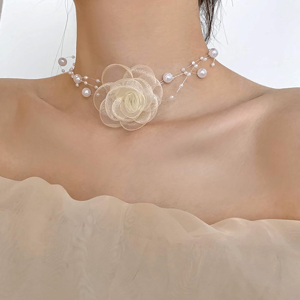 Boho Flower Pearl Choker Necklace for Floral Choker,Women Dainty Pearl Beaded Chain Collar Necklace Flower Necklace for Women Trendy Jewelry - Image 9