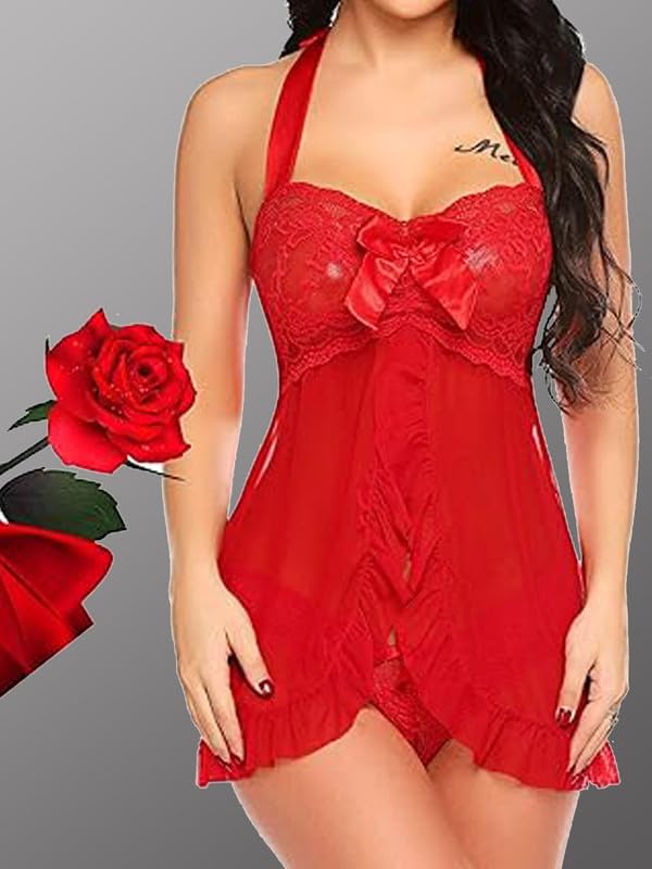 Image of Love Maker Lingerie for Women Lace Babydoll Mesh Chemise Boudoir Nightwear Sexy Nightgown Wedding Nighty Bridal Nightdress, Transparent Net Nighty for Sexy Women Lace Babydoll Lingerie for Honeymoon. Small to 2XL