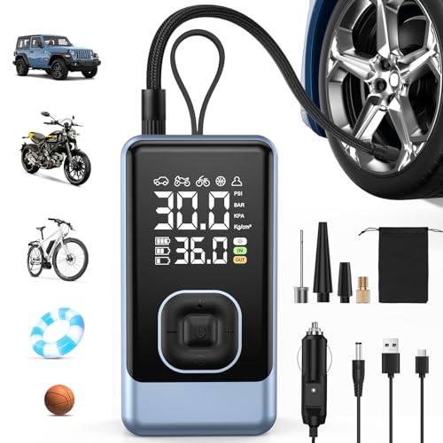 Compresor Aire Portátil - Inflador Eléctrico 6000mAh sin Cable con 4 Modos Predeterminados/Doble Pantalla de Presión en Tiempo Real/Función Power Bank | 45L/Min Inflado Rápido