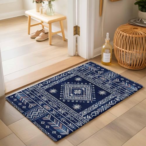 Navy Blue Brown Southwest Bathroom Mat 2x3 FT, Non Slip Small Kitchen Mat, Boho Ethnic Western Geometric Washable Soft Backed Front Door Throw Rug Non-Shedding Indoor Outdoor Doormat for Entryway Sink