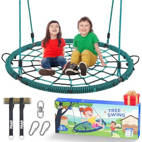 Hapfan 40\'\' Spider Web Tree Swing, 750 lbs Outdoor Saucer Net Swing with Swivel and 9.8 FT Swing Hanging Straps, Backyard Swing Set Accessories(Green)