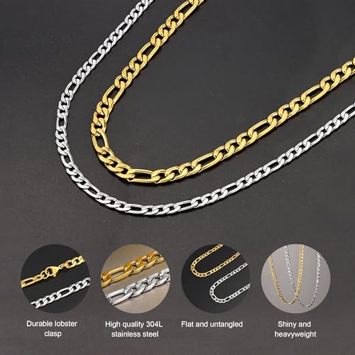 SANNYRA Figaro Chain for Men, Mens Chains Necklaces, Stainless Steel 2-8.5mm 12-36inches 18K Gold Plated Silver Plated Necklace for Women2