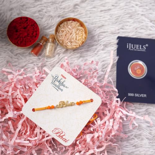 Image of iJuels 925 Pure Silver Rakhi Combo for Brother | BIS Hallmarked Silver Rakhi with 22 kt gold plating + 1 Gram 999 Silver Coin + Greeting Card + Roli Chawal | Raksha Bandhan Gift Set