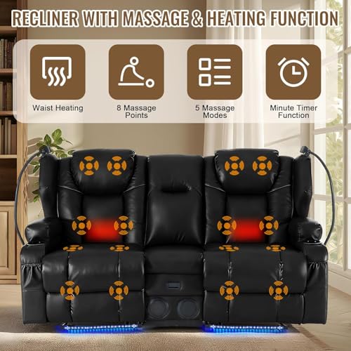 Image of Power Recliner Loveseat for Living Room, Loveseat Sofa with Center Console, USB Type-C Port, PU Leather Chair with Vibration Massage and Heat, Speaker Oversized Recliner Chair for Home Theater (Black)