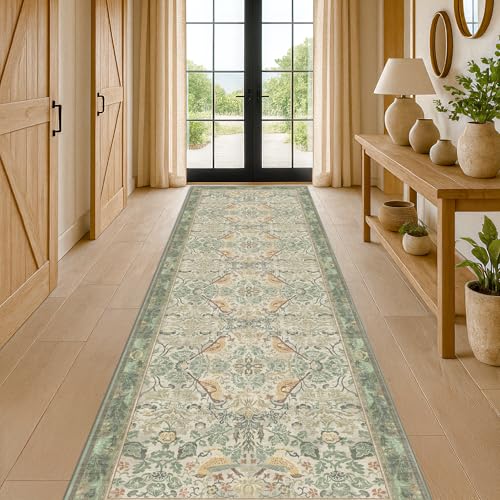 Sage Green10 ft Long Runner Rugs for Hallways - 3x10 Wide Kitchen Runners, Entryway Rug, with Flowers and Leaves, Washable Non Slip Low Pile Stain Resistant Vintage Style 3' x 10' (Runner) S