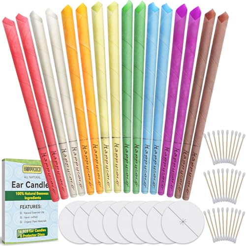 Ear Candles Happycoco Hopi Ear Candles All Natural Beeswax Canding Cones Ear Wax Remover Candles 100% Non-Toxic Cylinders Fragrance Hollow Cone Candles with(8 Colours)+8 Protective Disks