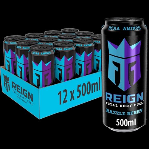 Reign Razzle Berry - Bebida deportiva de alto rendimiento, cafeína natural, zero azúcar, zero calorías y BCAA - Lata 500 ml - Pack de 12