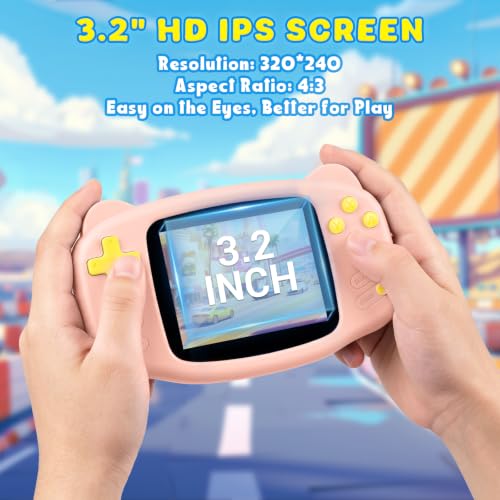 Image of Portable 16 Bit Handheld Game Console for Kids, Retro Gaming Console with 300 Classic Video Games, Handheld Plug & Play Player with 3.2'' IPS Screen, Rechargeable Travel Gift for Boys & Girls (Pink)