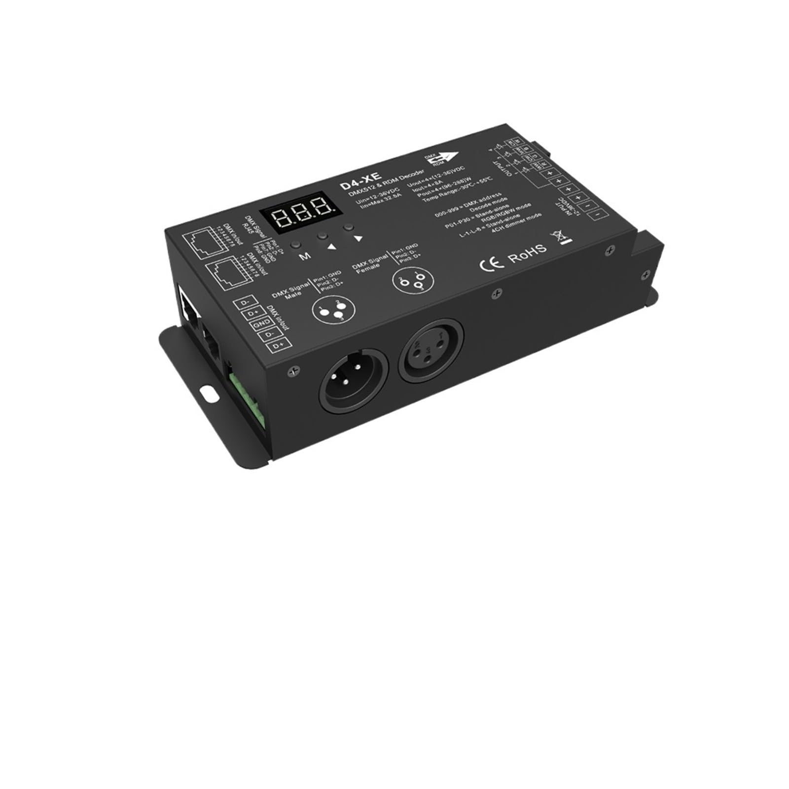 ZXAOMMBEA D4-XE 4CH PWM Constant Voltage CV DMX512 RDM LED decoder Controller with Digital Display XLR3 RJ45 DC12V 24V 36V Input