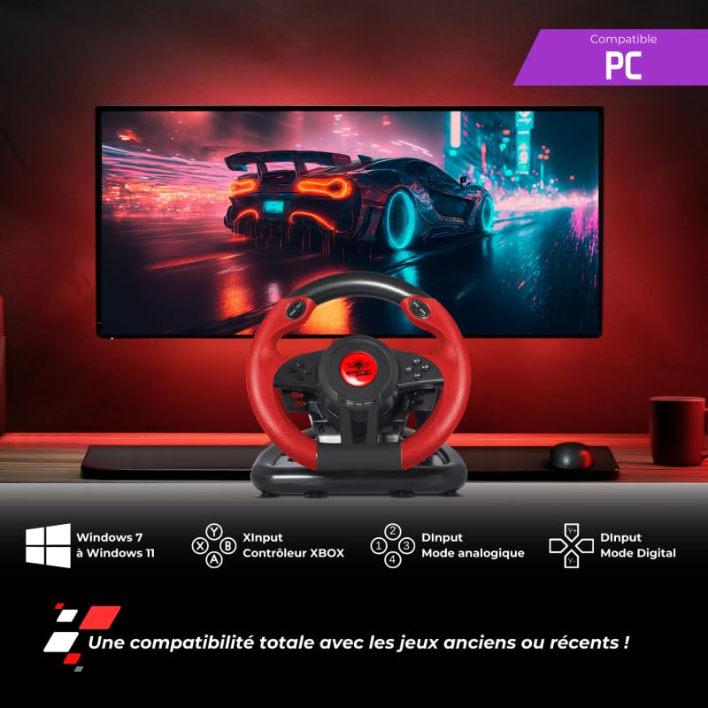 Race Wheel Pro Volante da corsa Gaming, 26 cm, rotazione 180°, 8 pulsanti programmabili, pedali e cambio compatibile con Windows 7-11