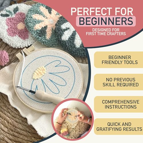 Image of Emri Lane Punch Needle Kit - 6 Floral Design Punch Needle Embroidery Kit w /Monk Cloth, Embroidery Hoop, Yarn & More - Essential Punch Needle Supplies for Crafters - Ideal Punch Art for Beginners