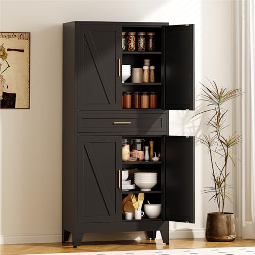 Image of COFaR 71 inch Metal Pantry Cabinet with Drawer, Black Storage Cabinet with Adjustable Shelves, 3-Section Industrial Cupboard for Kitchen & Office