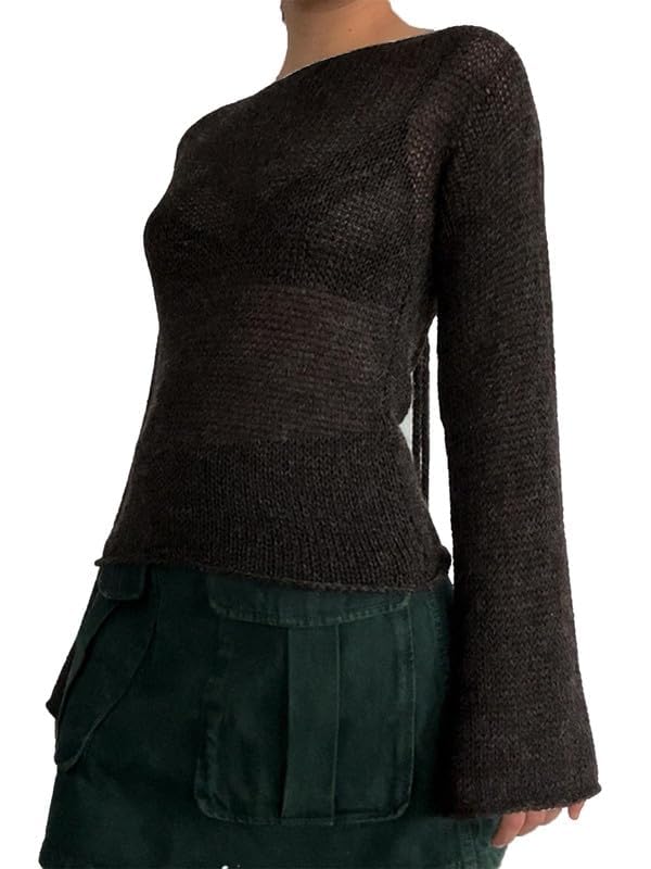 CORIRESHA Women's Vintage Tie Back Bell Sleeves Boat Neck Casual Knitted Pullover Sweater2