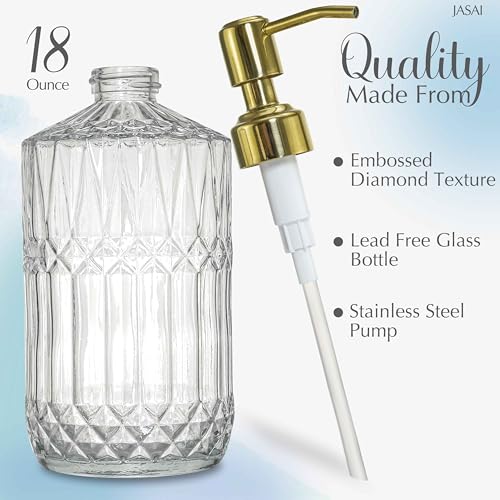 Image of JASAI 18Oz Dazzling Clear Glass Soap Dispenser with Gold Pump for Bathroom | Refillable Kitchen soap Dispenser for Dish Soap, Bathroom Soap Dispenser for Hand Soap, Lotion, Liquid Soap.
