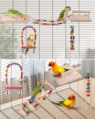 Image of DBNESS 5in1 Bird Parakeet Toys, Detachable Birdie Perches Platform Swing with Climbing Ladder, Parrot Cage Stand Accessories, Wooden Playing Gyms for Conure Cockatiel Lovebird Finch Budgerigar Pigeon