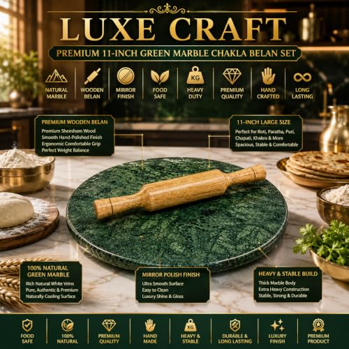 Image of Luxe Craft Green Marble Chakla Belan 11 Inch | Heavy Stone Roti Maker Board | Handmade Chapati Rolling Board for Kitchen | Premium Marble Roti Chakla for Chapati, Puri, Paratha & Baking Dough