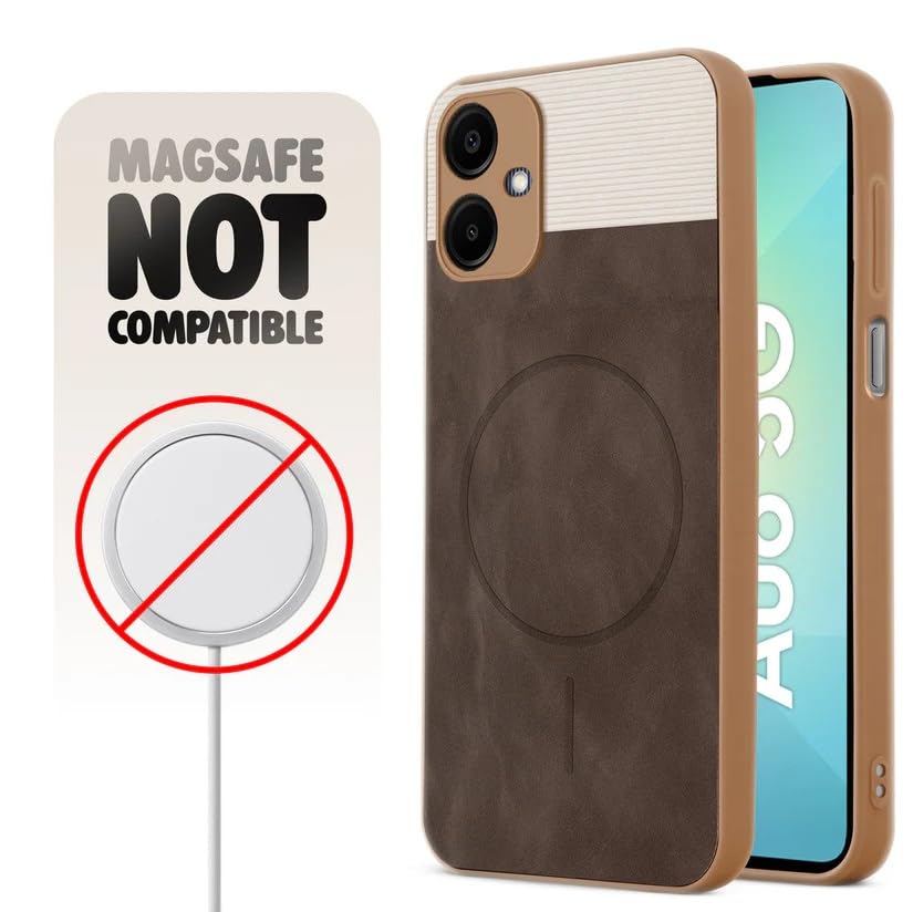 Image of Bintage CASE Mac Safe Design Hard Light Weight Back Case | Soft Border Camera Protect | Dual PU Leather Finish Back Cover Compatible for Samsung Galaxy A06 5G - White & Cherry Brown