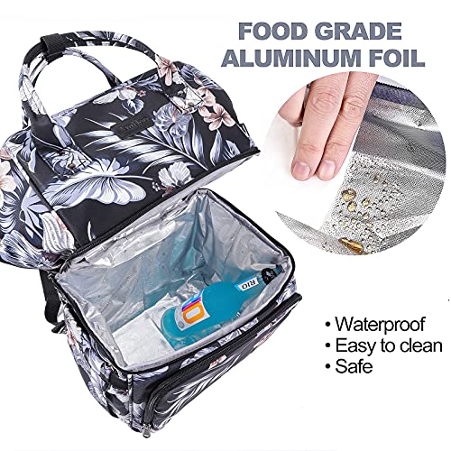 Image of AmHoo Insulated Lunch Box Cooler Backpack Waterproof Leak-Proof Lunch Bag Tote for Men Women Hiking Beach Picnic Trip with Strongest YKK Zipper Black Flower Pattern