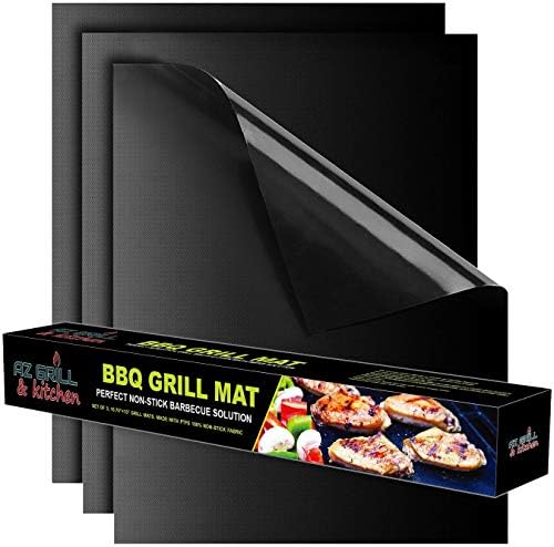 Grill mat Set of 3 - Non Stick BBQ Grill Sheets Reusable - Grill Pads Nonstick - Baking Grilling Mats compatible with Charcoal Gas Weber Charbroil Traeger Grills - Outdoor Barbecue Accessories Black