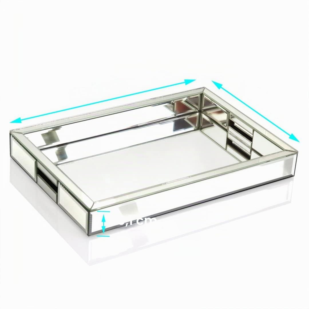 Plateau décoratif rectangulaire argenté avec Miroir, Dimensions : 27,9 cm de Long x 35,6 cm de Large x 5,1 cm de Haut, Organiseur de courtoisie Miroir avec Main, Plateau à Bijoux pour Salle de Bain,