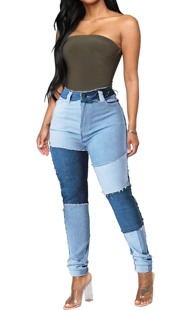 Women High Waist Frayed Patchwork Jeans Stretch Sexy Curved